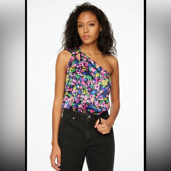 Dynamite Tops - Dynamite satin finish printed bodysuit with one shoulder